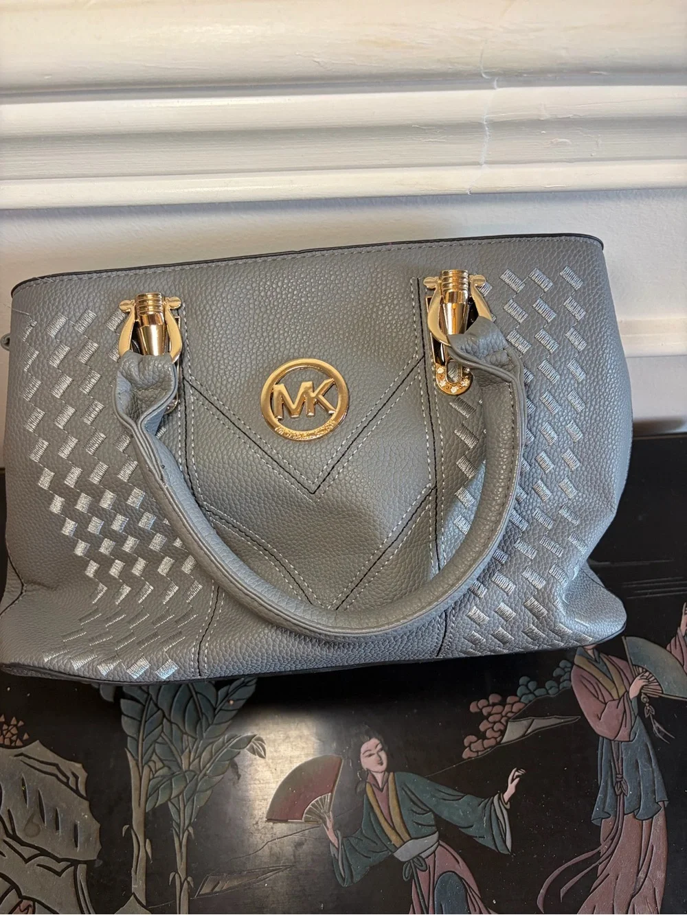 Michael Kors Gray Perforated Leather Satchel with Gold Hardware